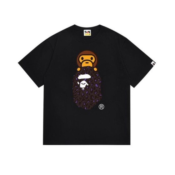 Black BAPE T-Shirt with Purple Leopard Print Ape Head and Baby Milo